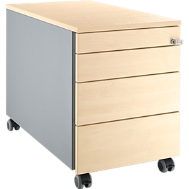 Cajonera móvil Schäfer Shop Genius 1233, 3 cajones, 1 cajón para utensilios, cierre centralizado, ranura para asas en el lateral, ancho 435 x fondo 765 x alto 577 mm, acabado blanco/aluminio/arce