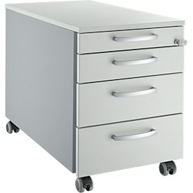 Cajonera móvil Schäfer Shop Pure 1233, 3 cajones &amp; 1 cajón para utensilios, con cerradura, tiradores redondos, An 435 x Pr 765 x Al 577 mm, aluminio blanco/gris claro/gris claro