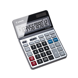 Calculatrice de bureau Canon TS-1200TSC, écran LCD 12 chiffres et pliable, avec conversion de devises, alimentation solaire et par piles, plastique et métal, argenté