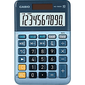 Calculatrice de bureau Casio MS-100EM, 10 chiffres, écran LCD, fonctionnement sur batterie, L 101 x H 149 mm, couleur aluminium