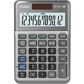 Calculatrice de bureau Casio MS-120FM, 12 chiffres, écran LCD, 3 touches de mémoire, arrêt automatique, fonctionnement sur piles/solaire, L 101 x H 148,5 mm, couleur métal