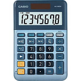 Calculatrice de bureau Casio MS-88EM, 8 chiffres, écran LCD, calcul de taxe, avec capot, fonctionnement sur piles/solaire, L 101 x H 149 mm, bleu foncé