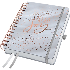 Calendrier à spirales Sigel Glittery Joy 2025, format A5, calendrier en DE/EN/FR/NL, élastique, passant pour stylo &amp; pochette 240 pages, papier, gris