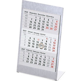 Calendrier de bureau en acier inoxydable 2027/2028, 3 langues, magnétique, 24 pages, curseur de date, L 105 x H 230 mm, acier inoxydable brossé