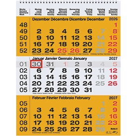 Calendrier mural Succes, 3 mois par page, reliure Wire-O, L 310 x H 400 mm, papier, FSC, jaune