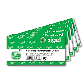 Carnet de tickets à vestiaire GN500 Sigel, avec perforation, numérotés de 1 à 500, 5 p.