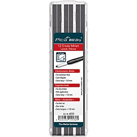 Carpenter's pencil replacement leads Pica BIG Dry, graphite grey, 5 mm, for dry wood, with case, 12 pieces