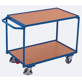 Carro de mesa ligera, tablero de acero/MDF, decoración azul genciana/haya, 2 estantes, L 985 x A 605 mm, ruedas TPE con EasySTOP, hasta 250 kg