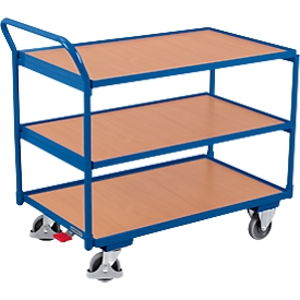 Carro de mesa Schäfer Shop Select, ligero, tablero de acero/MDF, decoración azul genciana/haya, 3 estantes, L 985 x A 605 mm, ruedas TPE con EasySTOP, hasta 250 kg