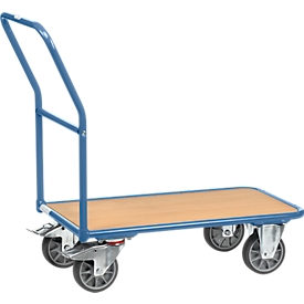 Carro para almacén, con plataforma de madera, L 850 x An 500 mm, hasta 400 kg, tubo de acero, azul