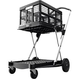 Carro plegable CLAX®, 2 estantes, carga máx. 60 kg, ruedas giratorias y fijas, incl. caja plegable de 46 l, aluminio y plástico, negro/negro