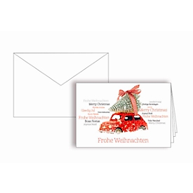Carte de Noël Korsch "Auto", B6, double encart, enveloppes blanches naturelles, carton texturé FSC®, blanc-rouge, 10 pièces