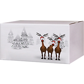 Cartons d'expédition, avec motif "Renne dans la neige", jusqu'à 30 kg, dimensions extérieures 306 x 221 x 150 mm, carton ondulé fin, blanc-brun, 20 pcs.