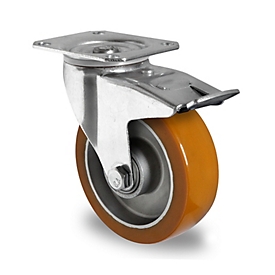 CASCOO castor AAU5, with total brake, wheel ø 125 mm x W 40 mm, aluminum rim, polyurethane tread, brown, double ball bearing, up to 300 kg