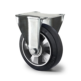 CASCOO fixed castor BAF4, with wheel ø 125 mm x W 50 mm, aluminum rim, elastic tread, black, double ball bearing, up to 300 kg