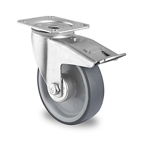 CASCOO Lenkrolle P2V2, mit Totalfeststeller, Rad-ø 100 mm x B 32 mm, Polypropylen-Felge, Elastomer-Lauffläche, grau, Rollenlager, bis 100 kg