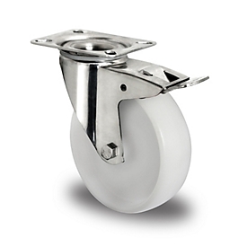 CASCOO roestvrij stalen zwenkwiel N0N0, met rem, wiel ø 100 mm x B 36 mm, polyamide velg, polyamide loopvlak, naturel/wit, roestvrij stalen glijlager, tot 150 kg
