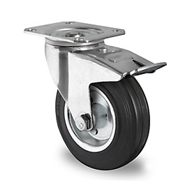 CASCOO Roulette pivotante SWS4, avec blocage total, ø de roue 200 mm x L 50 mm, bande de roulement en caoutchouc plein, noir, roulement à rouleaux, jusqu'à 205 kg