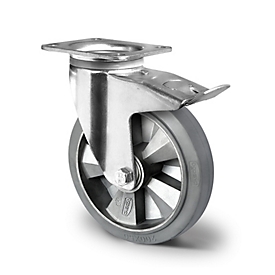 CASCOO swivel castor BAF2, with total brake, wheel ø 160 mm x W 50 mm, aluminum rim, elastic tread, gray, double ball bearing, up to 400 kg