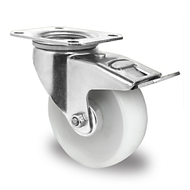 CASCOO swivel castor N0N0, with total brake, wheel ø 100 mm x W 36 mm, polyamide rim, polyamide tread, natural/white, roller bearing, up to 150 kg