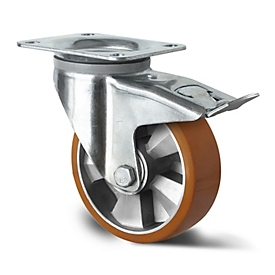 CASCOO zwenkwiel BAU5, met rem, wiel ø 125 mm x B 50 mm, aluminium velg, polyurethaan loopvlak, bruin, dubbele kogellager, tot 500 kg