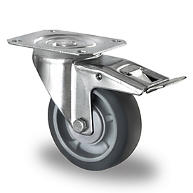 CASCOO zwenkwiel P2G2, met rem, wiel ø 100 mm x B 32 mm, velg polypropyleen, loopvlak elastomeer, grijs, kogellager, tot 130 kg