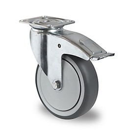 CASCOO zwenkwiel P2T2, met rem, wiel ø 100 mm x B 32 mm, velg polypropyleen, loopvlak elastomeer, grijs, kogellager, tot 100 kg