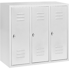 Casier de vestiaire mi-hauteur, 3 compartiments, 300 mm, serrure à came batteuse, gris clair/gris clair