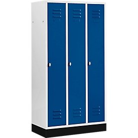 Casier de vestiaires à 3 compartiments, 300 mm, serrure à came batteuse, sur socle, porte bleu gentiane