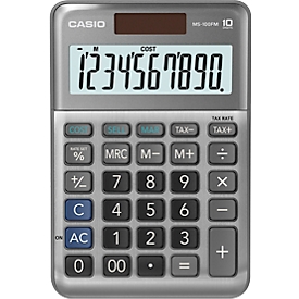 Casio bureaucalculator MS-100FM, 10 cijfers, LC-display, belastingberekening, winstberekening, batterij/solobedrijf, B 101 x H 148,5 mm, metaalkleurig