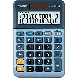 Casio bureaucalculator MS-120EM, 12 cijfers, LC-display, batterij/solobedrijf, B 101 x H 149 mm, blauw