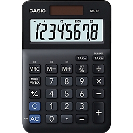 Casio Tischrechner MS-8F, 8 Stellen, LC-Display, Steuerberechnung, Gewinnermittlung, Batterie-/Solarbetrieb, B 101 x H 148,5 mm, schwarz
