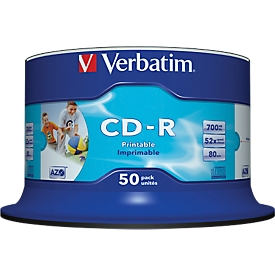 CD-R imprimable (encre) Verbatim, jusqu'à 52 fois, 700 Mo / 80 min., spindle de 50 unités