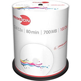 CD-R PRIMEON, imprimable, 52 fois, 700 Mo / 80 min., spindle de 100 unités
