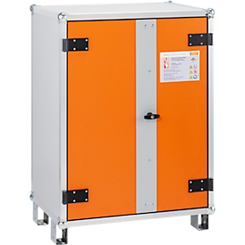 CEMO accubak 8/10, vleugeldeur, LockEX deurslot, brandwerend, op poten, B 800 x D 660 x H 1110 mm, lichtgrijs/puur oranje