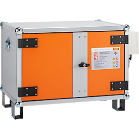 CEMO Akku-Ladeschrank Premium Plus 5/8, 1-phasig, 230 V, Innenraumtemperatur-Anzeige, LockEX Türverriegelung, strombetriebener Rauchmelder, akustischer Alarm, belüftet, mit Stapelfüssen, B 890 x T 660 x H 620 mm, lichtgrau/reinorange