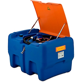 CEMO Blue-Mobil EASY portable tank, with submersible pump CENTRI SP30 12 V, 440 l tank for AdBlue®, hinged lid, W 1180 x D 800 x H 710 mm