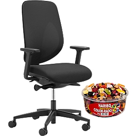 Chaise de bureau Giroflex 353, avec accoudoirs, mécanisme auto-synchrone, assise multicouche, dossier résille 3D, noir/noir + 1 kg gratuit de HARIBO Color-Rado