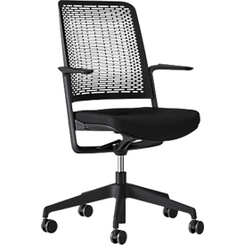 Chaise de bureau WithMe, avec accoudoirs, mécanisme auto-synchrone, assise plate, dossier en plastique perforé, housse d'assise amovible, noir