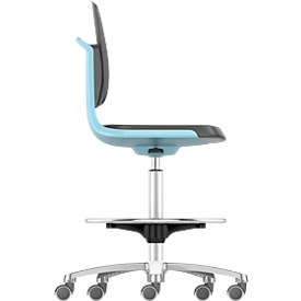 Chaise de travail Labsit haute, rembourrage SKINTEC, roulettes d'assise et de maintien, L 450 x P 420 x H 560 - 810 mm, bleu