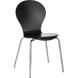 Chaise empilable, set de 4, L 470 x P 440 x H 450 mm, empilable jusqu'à 4 pièces, bois &amp; tube acier chromé, noir