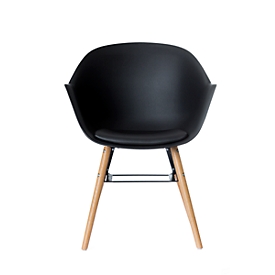 Chaise en coque, plastique, avec pieds en bois, coussin d'assise, résistant aux désinfectants, noir, lot de 2