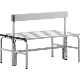 Changing bench, stainless steel tube/aluminium, double with back section, 1015 mm wide, light grey