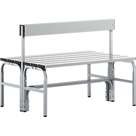 Changing bench, stainless steel tube/aluminium, double with back section, 1015 mm wide, white aluminium