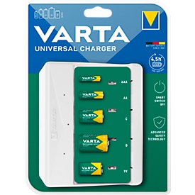 Chargeur de batterie pour piles, 2x ou 4x AA/AAA/C/D &amp; 1x 9V, temps de charge 4,5 h, USB-C (câble inclus), 100-240 V, L 154 x P 49 x H 129 mm, blanc