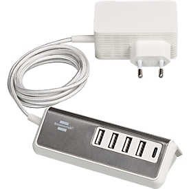 Chargeur multiple brennenstuhl® estilo, pour jusqu'à 5 appareils, 4x USB-A et 1 x USB-C, fonction de charge rapide, longueur du câble 1,5 m, argent-blanc