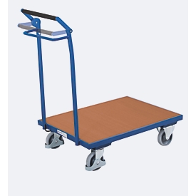 Chariot à barres de poussée, panneau acier/MDF, décor bleu gentiane/hêtre, L 800 x l 600 mm, poignée de poussée tubulaire, roulettes TPE avec frein d'homme mort, jusqu'à 250 kg