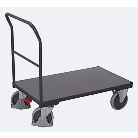 Chariot à barres de poussée, panneau acier/MDF, gris anthracite/gris foncé, L 1030 x l 600 mm, avec traverse, roulettes TPE avec EasySTOP, jusqu'à 500 kg