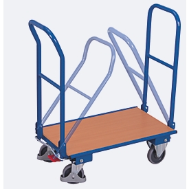 Chariot à cintres doublement pliable, panneau acier/MDF, décor bleu gentiane/hêtre, L 720 x l 450 mm, pliable avec traverse, roulettes TPE avec EasySTOP, jusqu'à 150 kg