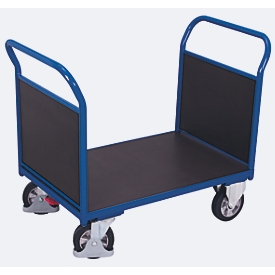 Chariot à double paroi frontale, acier/plaque de sérigraphie, bleu gentiane/marron foncé, L 995 x l 700 mm, parois frontales en contreplaqué, roulettes en caoutchouc plein avec EasySTOP, 1000 kg